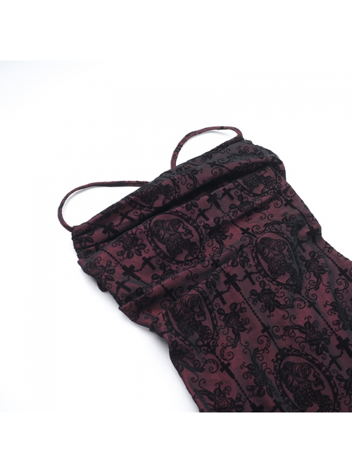 Sexy Black And Red Flocked Backless Cross Print Design Punk Style Slit Suspender Dress