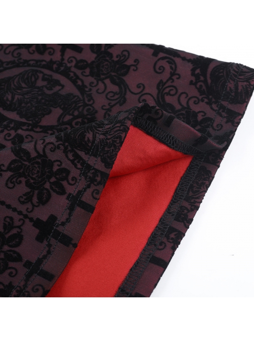 Sexy Black And Red Flocked Backless Cross Print Design Punk Style Slit Suspender Dress
