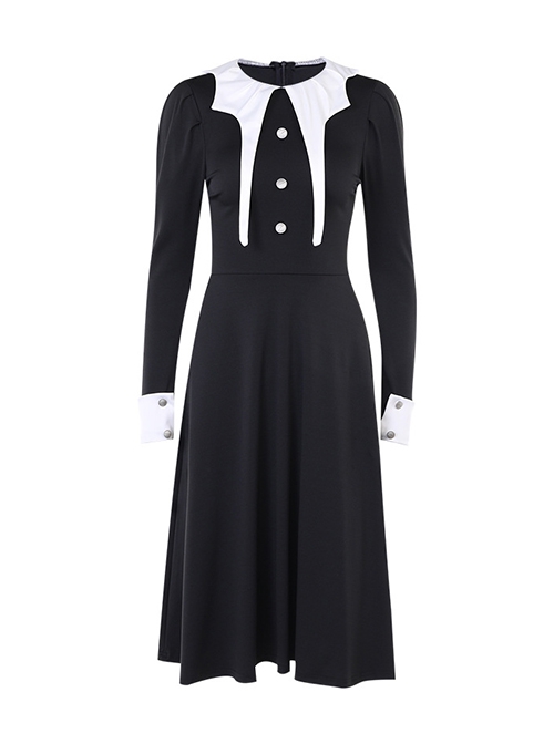 Black Retro Medieval Black And White Contrast Punk Style Long Sleeve Dress