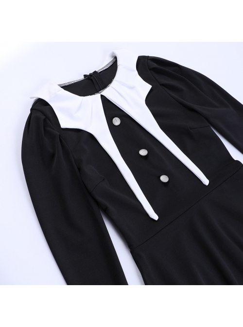 Black Retro Medieval Black And White Contrast Punk Style Long Sleeve Dress