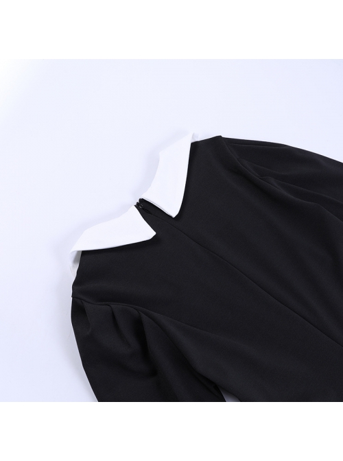 Black Retro Medieval Black And White Contrast Punk Style Long Sleeve Dress