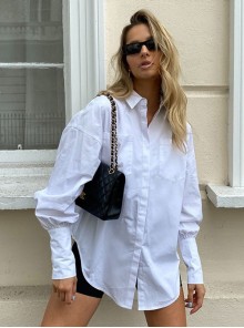 Fashion White Simple Lapel Punk Style Women's Long Sleeve Loose Shirt