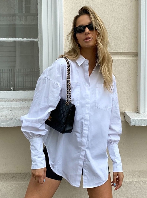 Fashion White Simple Lapel Punk Style Women's Long Sleeve Loose Shirt