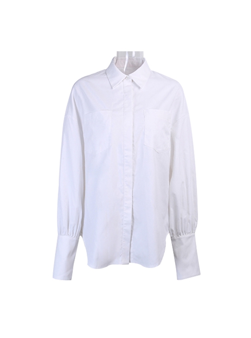 Fashion White Simple Lapel Punk Style Women's Long Sleeve Loose Shirt