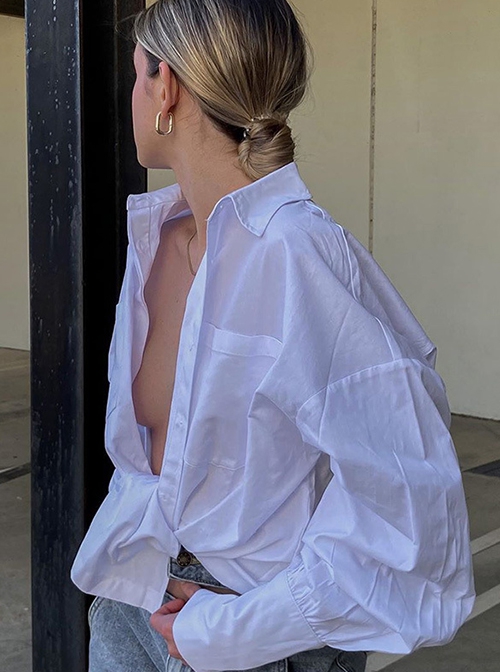Fashion White Simple Lapel Punk Style Women's Long Sleeve Loose Shirt