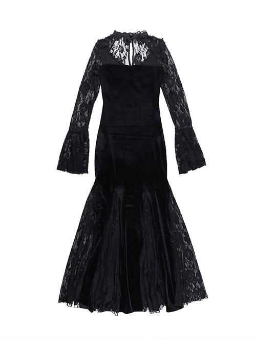 Sexy Black Micro Transparent Mesh Long Sleeves Spliced ​​Velvet Fabric Slit Hem Design Punk Style Slim Fishtail Dress