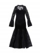 Sexy Black Micro Transparent Mesh Long Sleeves Spliced ​​Velvet Fabric Slit Hem Design Punk Style Slim Fishtail Dress