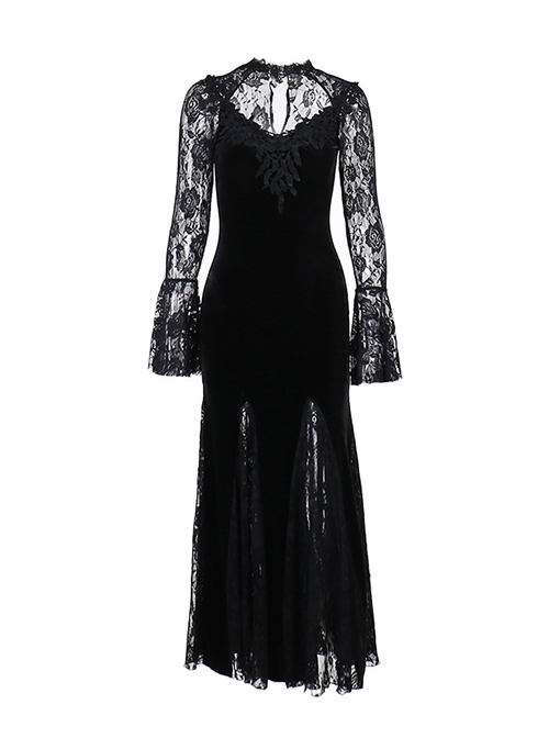 Sexy Black Micro Transparent Mesh Long Sleeves Spliced ​​Velvet Fabric Slit Hem Design Punk Style Slim Fishtail Dress