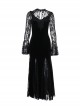 Sexy Black Micro Transparent Mesh Long Sleeves Spliced ​​Velvet Fabric Slit Hem Design Punk Style Slim Fishtail Dress
