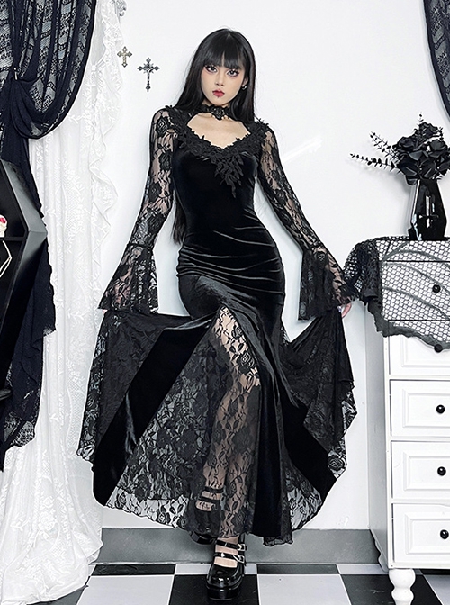 Sexy Black Micro Transparent Mesh Long Sleeves Spliced ​​Velvet Fabric Slit Hem Design Punk Style Slim Fishtail Dress