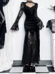 Sexy Black Micro Transparent Mesh Long Sleeves Spliced ​​Velvet Fabric Slit Hem Design Punk Style Slim Fishtail Dress