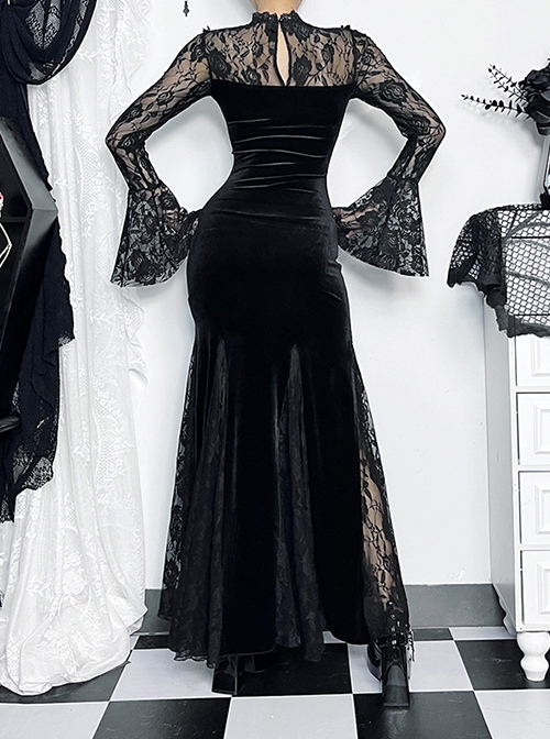 Sexy Black Micro Transparent Mesh Long Sleeves Spliced ​​Velvet Fabric Slit Hem Design Punk Style Slim Fishtail Dress