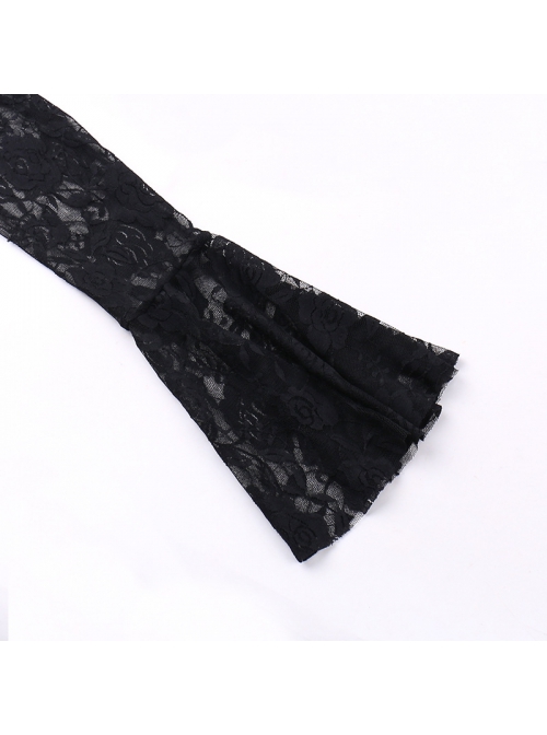 Sexy Black Micro Transparent Mesh Long Sleeves Spliced ​​Velvet Fabric Slit Hem Design Punk Style Slim Fishtail Dress