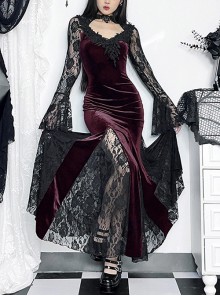 Sexy Wine Red Micro Transparent Mesh Long Sleeves Spliced ​​Velvet Fabric Slit Hem Design Punk Style Slim Fishtail Dress