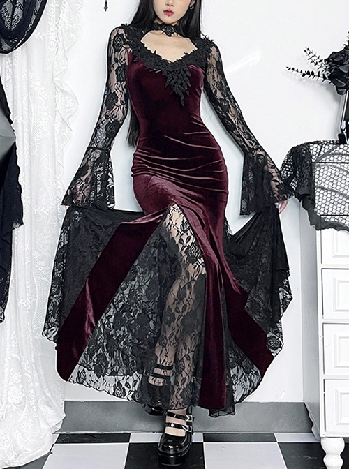 Sexy Wine Red Micro Transparent Mesh Long Sleeves Spliced Velvet Fabric Slit Hem Design Punk Style Slim Fishtail Dress