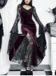 Sexy Wine Red Micro Transparent Mesh Long Sleeves Spliced Velvet Fabric Slit Hem Design Punk Style Slim Fishtail Dress
