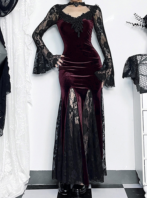 Sexy Wine Red Micro Transparent Mesh Long Sleeves Spliced Velvet Fabric Slit Hem Design Punk Style Slim Fishtail Dress