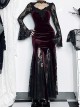 Sexy Wine Red Micro Transparent Mesh Long Sleeves Spliced Velvet Fabric Slit Hem Design Punk Style Slim Fishtail Dress