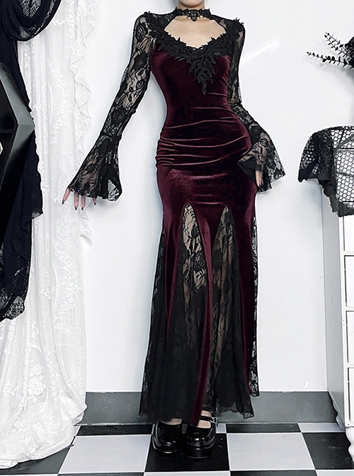 Sexy Wine Red Micro Transparent Mesh Long Sleeves Spliced Velvet Fabric Slit Hem Design Punk Style Slim Fishtail Dress