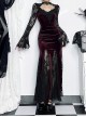 Sexy Wine Red Micro Transparent Mesh Long Sleeves Spliced Velvet Fabric Slit Hem Design Punk Style Slim Fishtail Dress