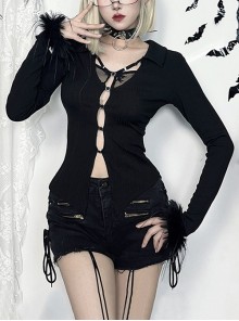 Personalized Black Simple Knitted Splicing Fur Sleeves Lace Front Center Hollow Metal Button Decorated Punk Style Long Sleeved Top