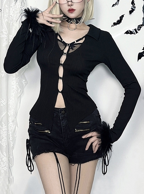 Personalized Black Simple Knitted Splicing Fur Sleeves Lace Front Center Hollow Metal Button Decorated Punk Style Long Sleeved Top