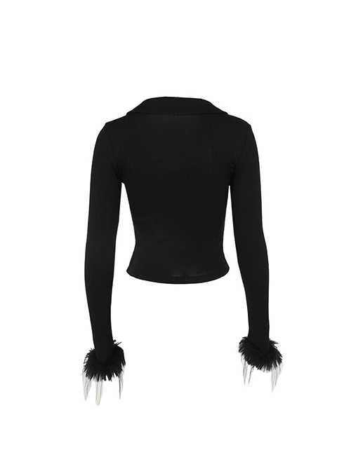 Personalized Black Simple Knitted Splicing Fur Sleeves Lace Front Center Hollow Metal Button Decorated Punk Style Long Sleeved Top