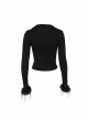 Personalized Black Simple Knitted Splicing Fur Sleeves Lace Front Center Hollow Metal Button Decorated Punk Style Long Sleeved Top