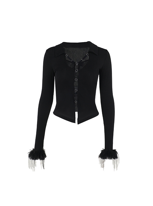 Personalized Black Simple Knitted Splicing Fur Sleeves Lace Front Center Hollow Metal Button Decorated Punk Style Long Sleeved Top