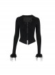 Personalized Black Simple Knitted Splicing Fur Sleeves Lace Front Center Hollow Metal Button Decorated Punk Style Long Sleeved Top