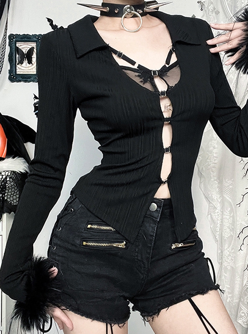 Personalized Black Simple Knitted Splicing Fur Sleeves Lace Front Center Hollow Metal Button Decorated Punk Style Long Sleeved Top