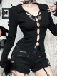 Personalized Black Simple Knitted Splicing Fur Sleeves Lace Front Center Hollow Metal Button Decorated Punk Style Long Sleeved Top