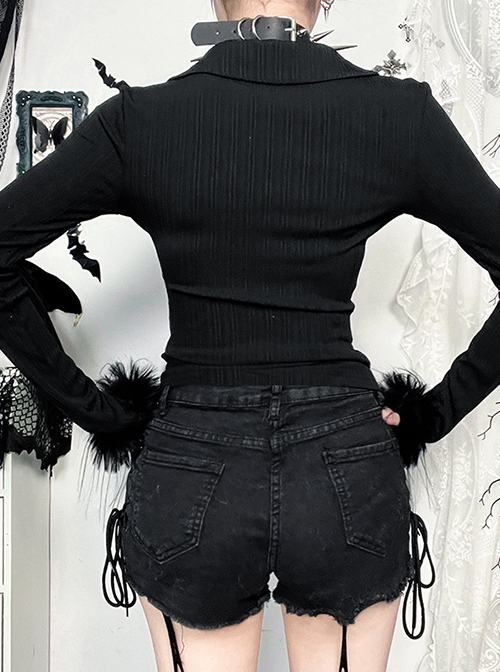Personalized Black Simple Knitted Splicing Fur Sleeves Lace Front Center Hollow Metal Button Decorated Punk Style Long Sleeved Top