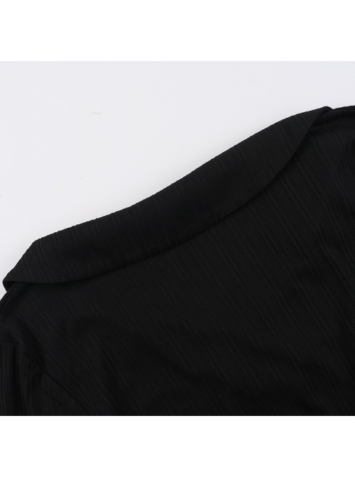 Personalized Black Simple Knitted Splicing Fur Sleeves Lace Front Center Hollow Metal Button Decorated Punk Style Long Sleeved Top