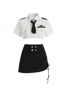 Police Woman Stewardess Cosplay Super Short Top Pleated Hip Skirt Exposed Waist Uniform Sexy Lingerie Set