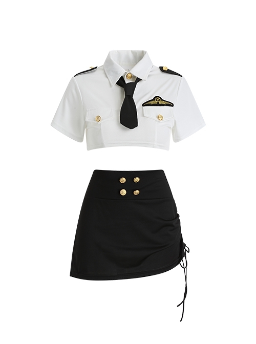 Police Woman Stewardess Cosplay Super Short Top Pleated Hip Skirt Exposed Waist Uniform Sexy Lingerie Set