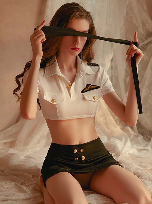 Police Woman Stewardess Cosplay Super Short Top Pleated Hip Skirt Exposed Waist Uniform Sexy Lingerie Set