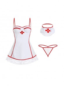 Low-Cut Lace Hem See-Through Halter Back With Chest Pads Dress Nurse Outfit Cosplay Professional Outfit Uniform Sexy Lingerie Set
