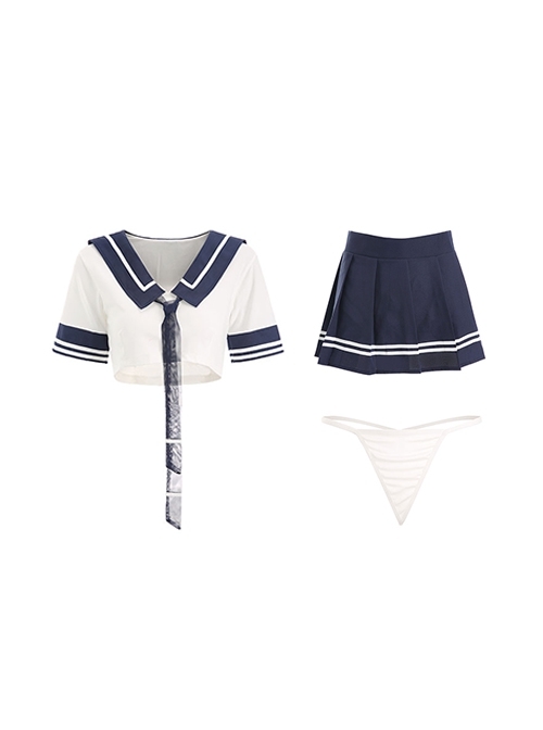 JK Style Sailor Collar Ultra-Short Exposed Waist Top Pleated Skirt Pure Student Uniform Cosplay Sexy Lingerie Set