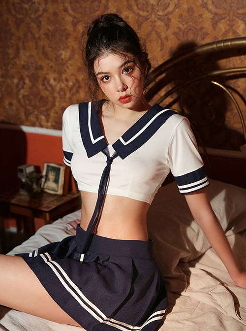 JK Style Sailor Collar Ultra-Short Exposed Waist Top Pleated Skirt Pure Student Uniform Cosplay Sexy Lingerie Set