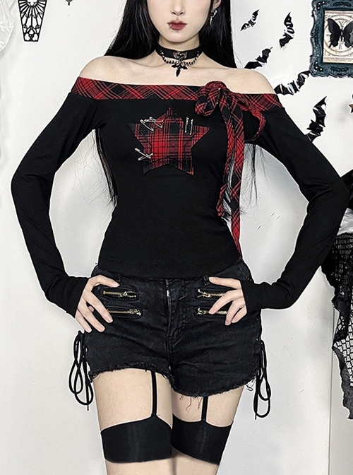 Personalized Black Simple Knitted Splicing Fur Sleeves Lace Front Center Hollow Metal Button Decorated Punk Style Long Sleeved Top