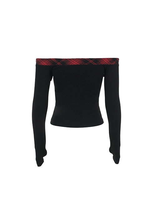 Personalized Black Simple Knitted Splicing Fur Sleeves Lace Front Center Hollow Metal Button Decorated Punk Style Long Sleeved Top