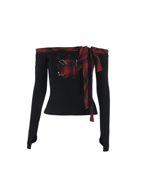 Personalized Black Simple Knitted Splicing Fur Sleeves Lace Front Center Hollow Metal Button Decorated Punk Style Long Sleeved Top