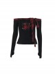 Personalized Black Simple Knitted Splicing Fur Sleeves Lace Front Center Hollow Metal Button Decorated Punk Style Long Sleeved Top