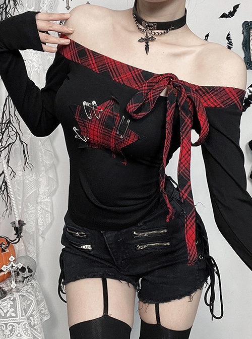 Personalized Black Simple Knitted Splicing Fur Sleeves Lace Front Center Hollow Metal Button Decorated Punk Style Long Sleeved Top