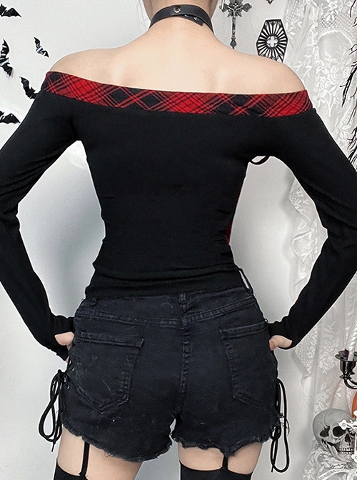 Personalized Black Simple Knitted Splicing Fur Sleeves Lace Front Center Hollow Metal Button Decorated Punk Style Long Sleeved Top