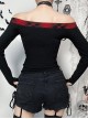 Personalized Black Simple Knitted Splicing Fur Sleeves Lace Front Center Hollow Metal Button Decorated Punk Style Long Sleeved Top