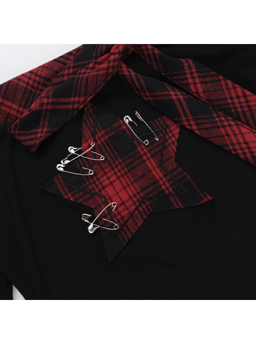 Personalized Black Simple Knitted Splicing Fur Sleeves Lace Front Center Hollow Metal Button Decorated Punk Style Long Sleeved Top