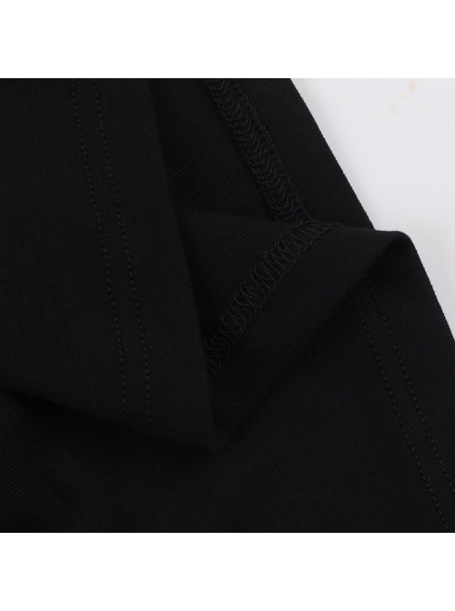 Personalized Black Simple Knitted Splicing Fur Sleeves Lace Front Center Hollow Metal Button Decorated Punk Style Long Sleeved Top