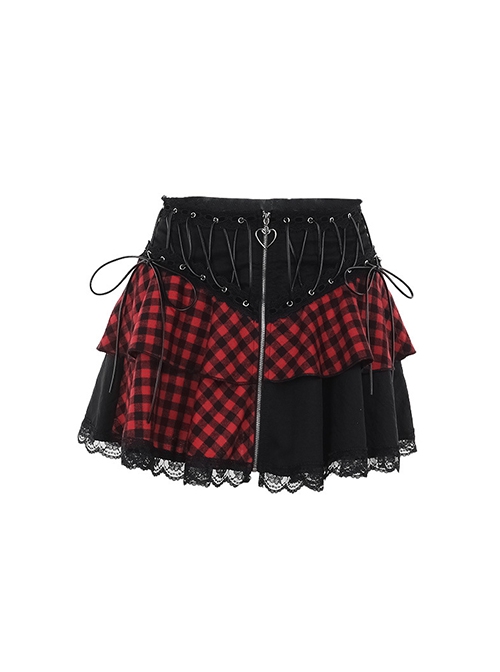Black And Red Sexy Mesh Lace Waist Eyelet Rope Design Punk Style Skirt